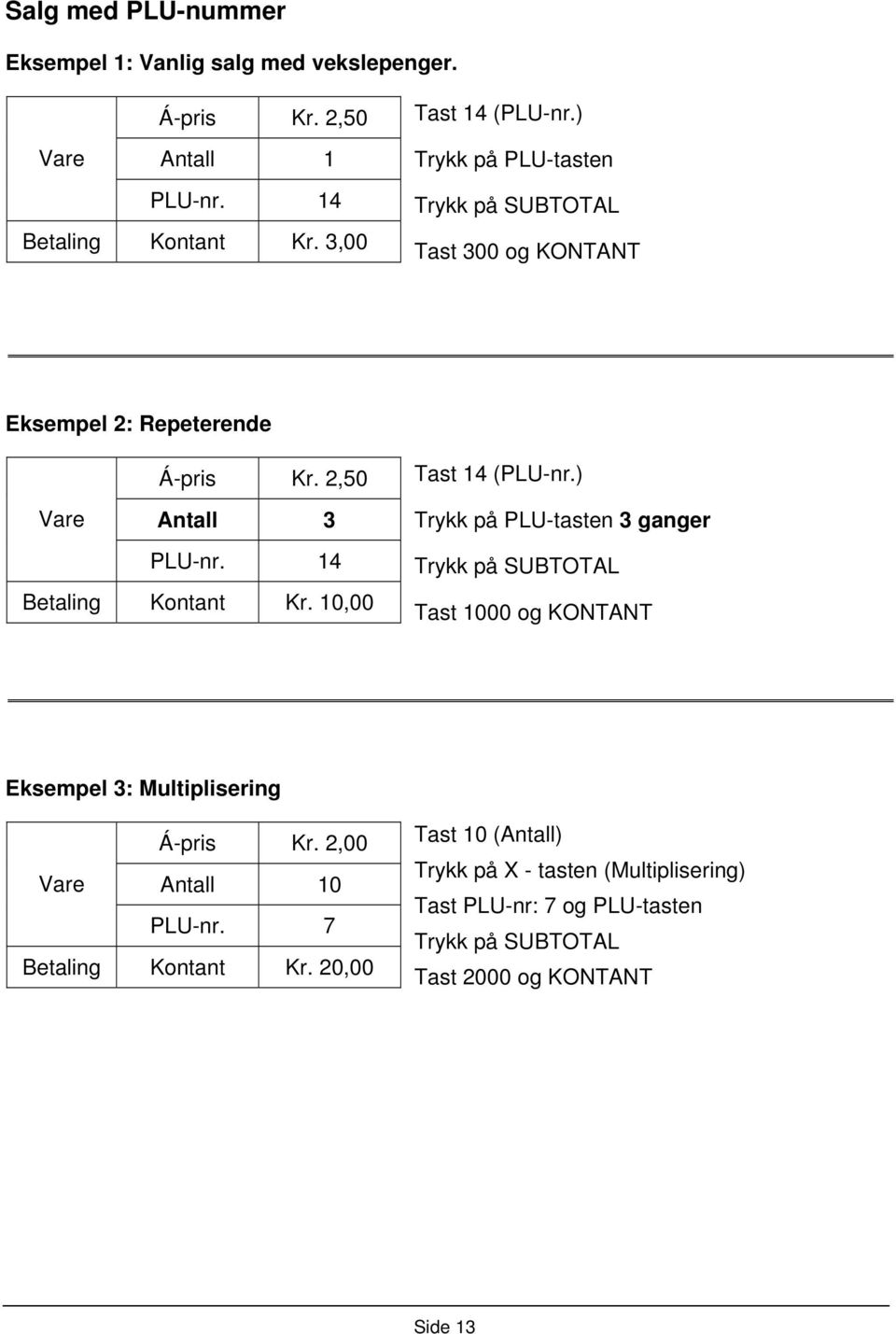 10,00 Tast 14 (PLU-nr.) Trykk på PLU-tasten 3 ganger Trykk på SUBTOTAL Tast 1000 og KONTANT Eksempel 3: Multiplisering Á-pris Kr.