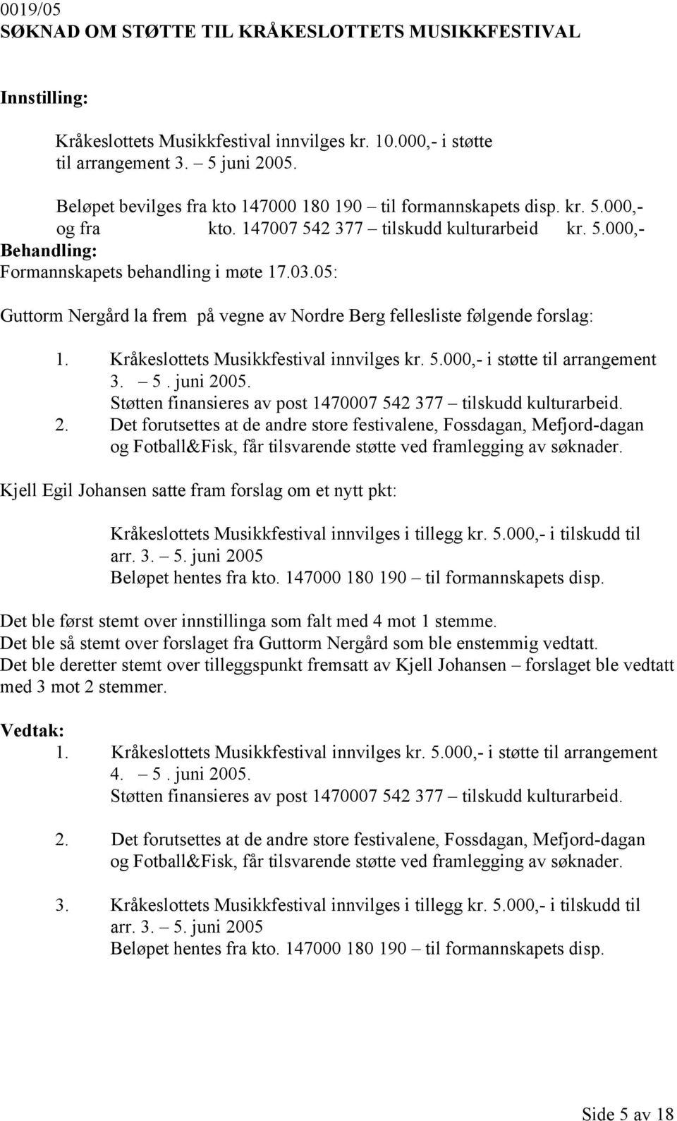 05: Guttorm Nergård la frem på vegne av Nordre Berg fellesliste følgende forslag: 1. Kråkeslottets Musikkfestival innvilges kr. 5.000,- i støtte til arrangement 3. 5. juni 2005.