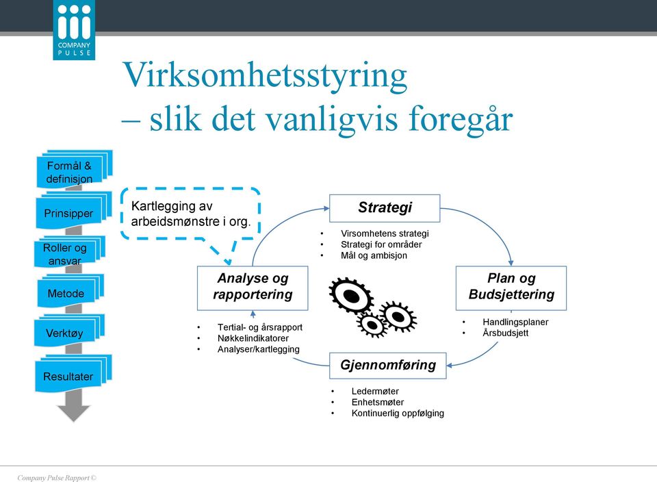 Analyse og rapportering Strategi Virsomhetens strategi Strategi for områder Mål og ambisjon Plan og