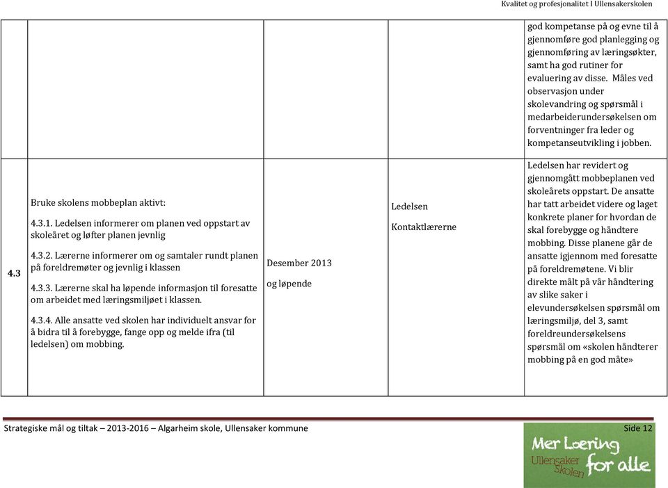 Ledelsen informerer om planen ved oppstart av skoleåret og løfter planen jevnlig 4.3.2. Lærerne informerer om og samtaler rundt planen på foreldremøter og jevnlig i klassen 4.3.3. Lærerne skal ha løpende informasjon til foresatte om arbeidet med læringsmiljøet i klassen.