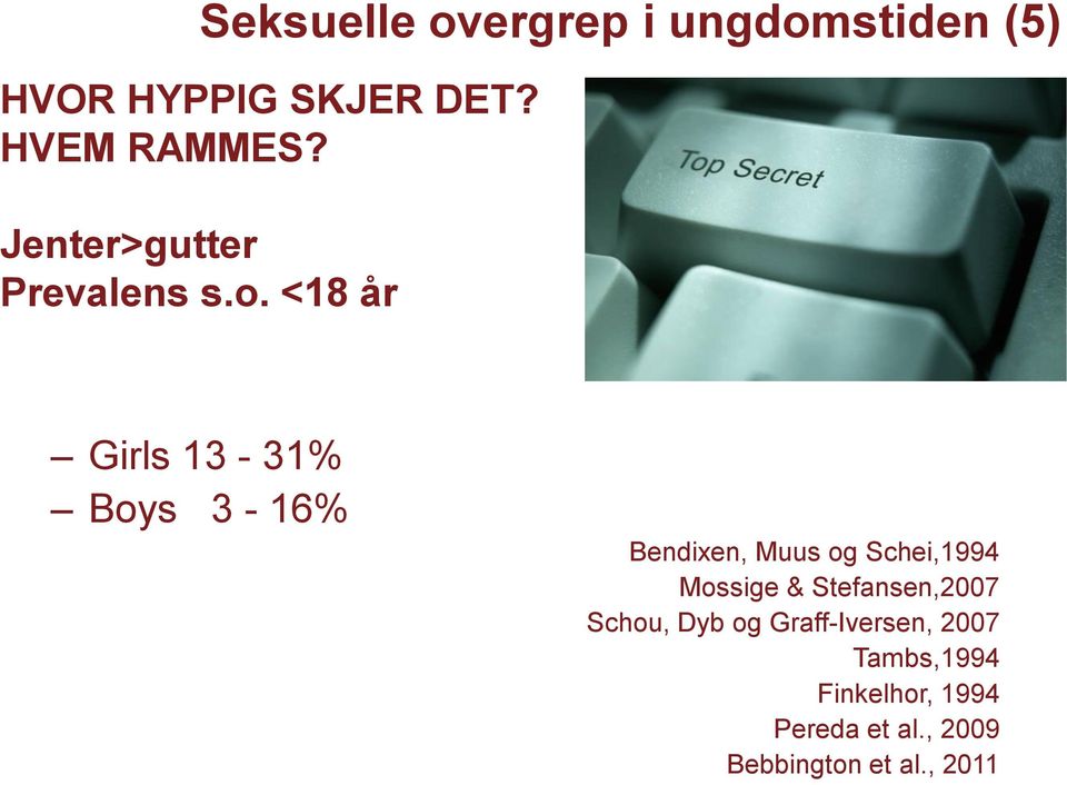 <18 år Girls 13-31% Boys 3-16% Bendixen, Muus og Schei,1994 Mossige &