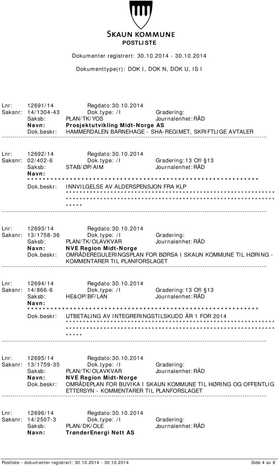 type: /I Gradering:13 Ofl 13 Saksb: STAB/ØP/AIM Journalenhet:RÅD INNVILGELSE AV ALDERSPENSJON FRA KLP Lnr: 12693/14 Regdato:30.10.2014 Saksnr: 13/1758-36 Dok.