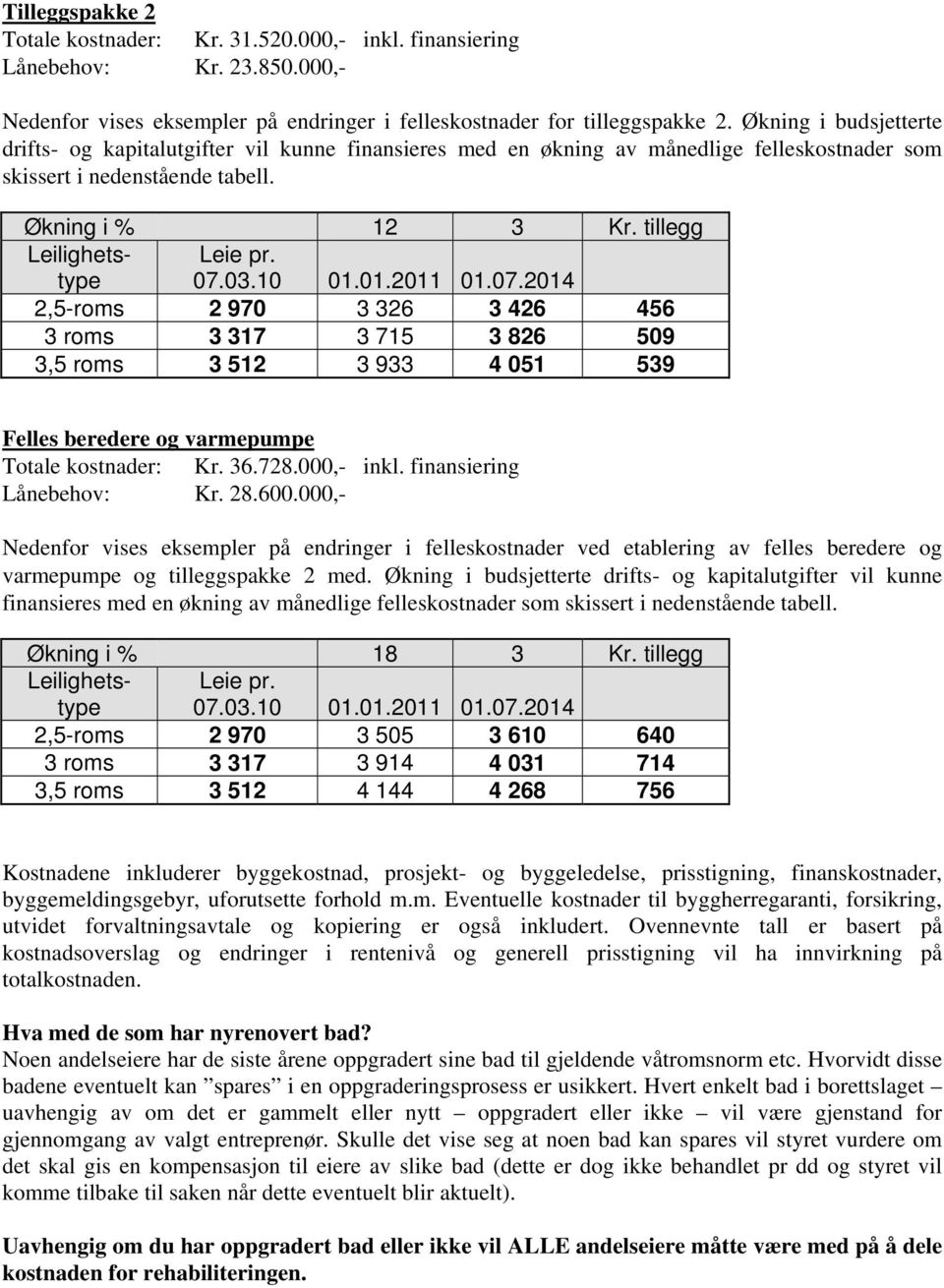 Felles beredere og varmepumpe Totale kostnader: Kr. 36.728.000,- inkl. finansiering Lånebehov: Kr. 28.600.