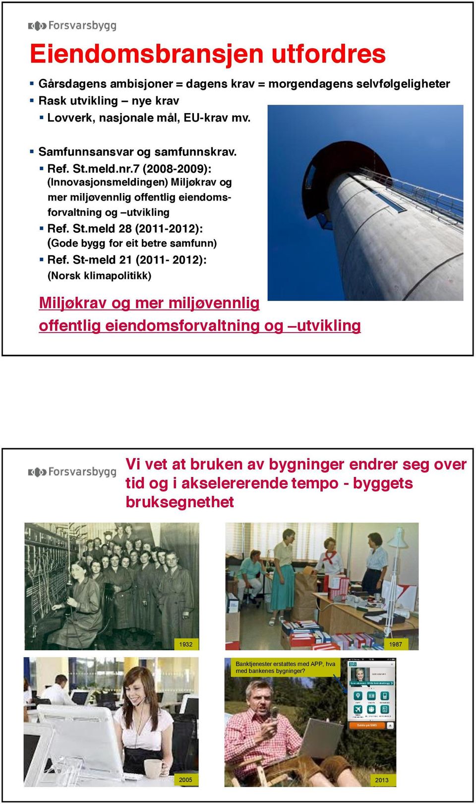 St-meld 21 (2011-2012): (Norsk klimapolitikk) Miljøkrav og mer miljøvennlig offentlig eiendomsforvaltning og utvikling Vi vet at bruken av bygninger endrer seg over tid