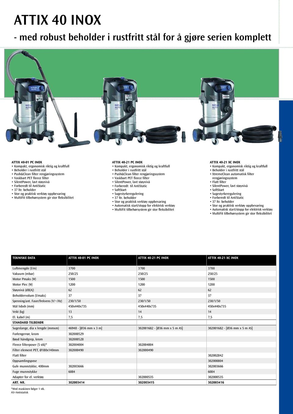 beholder Stor og praktisk oppbevaring Automatisk start/stopp for elektrisk MultiFit tilbehørsystem gir ATTIX 40-21 XC INOX Kompakt, og kraftfull Beholder i rustfritt stål XtremeClean automatisk