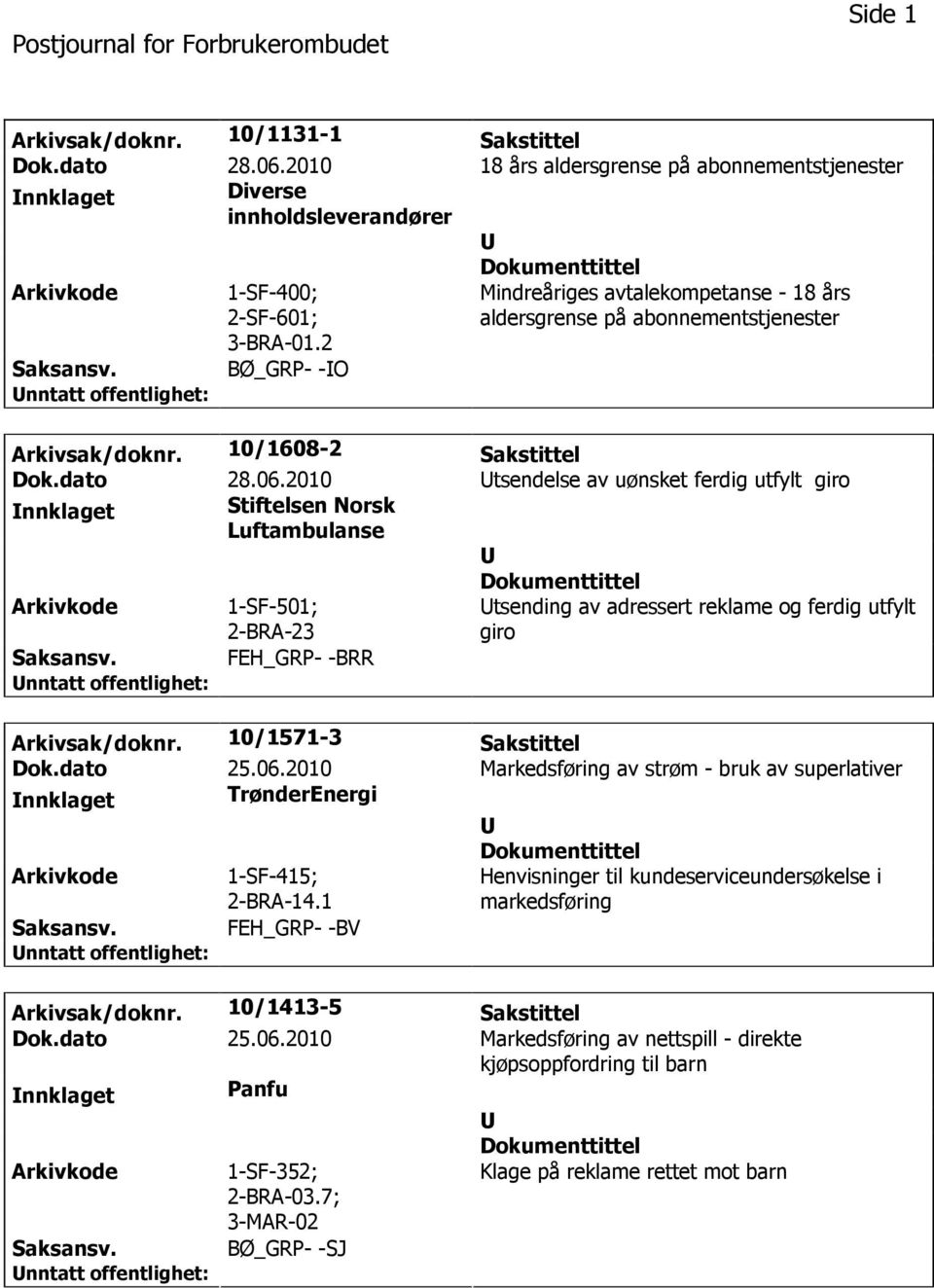 2010 tsendelse av uønsket ferdig utfylt giro nnklaget Stiftelsen Norsk Luftambulanse 1-SF-501; 2-BRA-23 tsending av adressert reklame og ferdig utfylt giro FEH_GRP- -BRR Arkivsak/doknr.