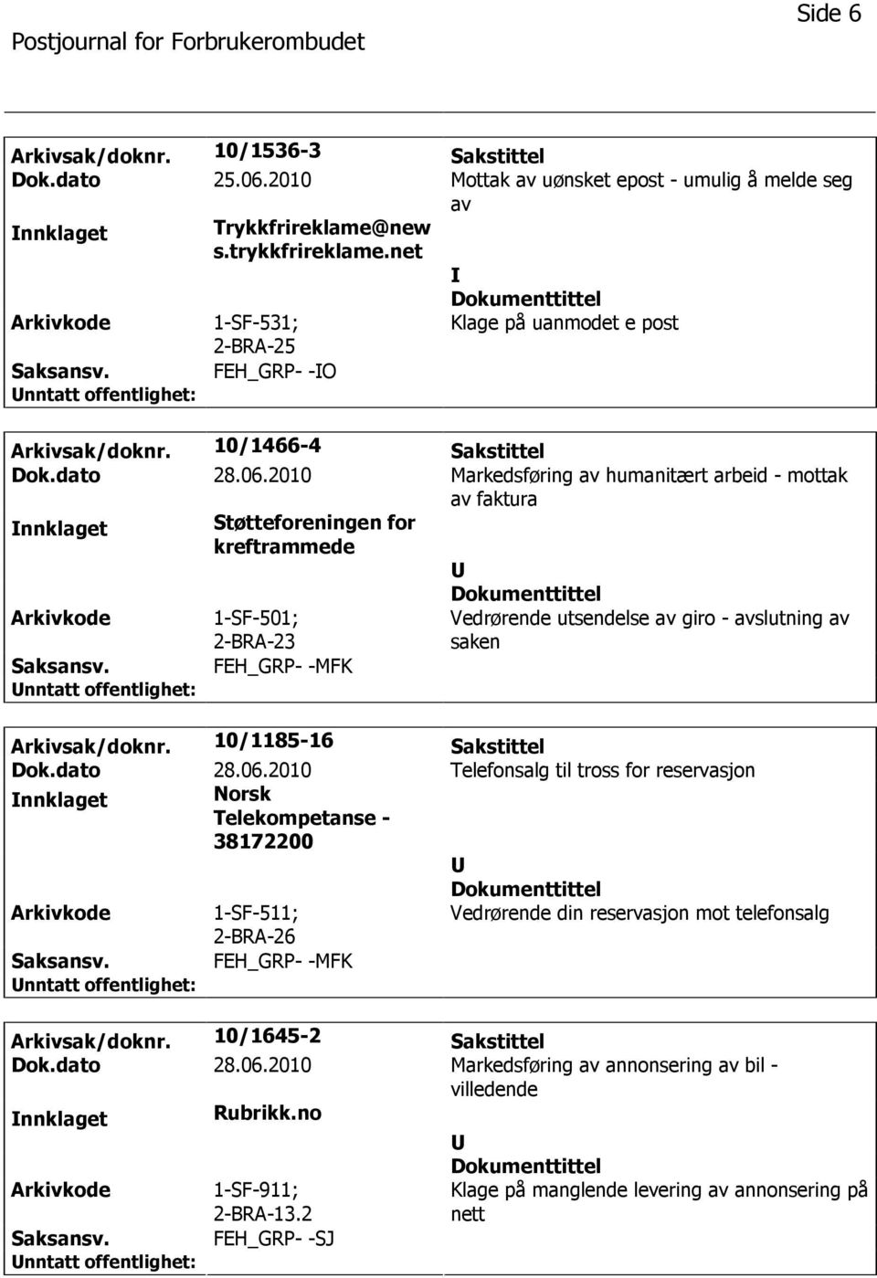 2010 Markedsføring av humanitært arbeid - mottak av faktura nnklaget Støtteforeningen for kreftrammede 1-SF-501; 2-BRA-23 FEH_GRP- -MFK Vedrørende utsendelse av giro - avslutning av saken