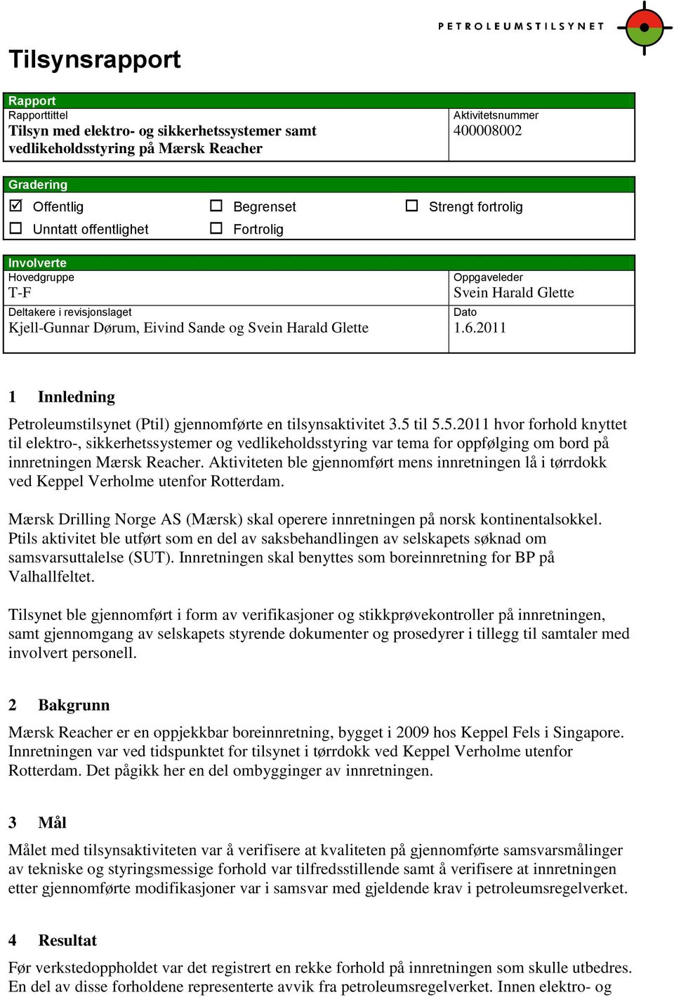 2011 Svein Harald Glette Dato 1 Innledning Petroleumstilsynet (Ptil) gjennomførte en tilsynsaktivitet 3.5 