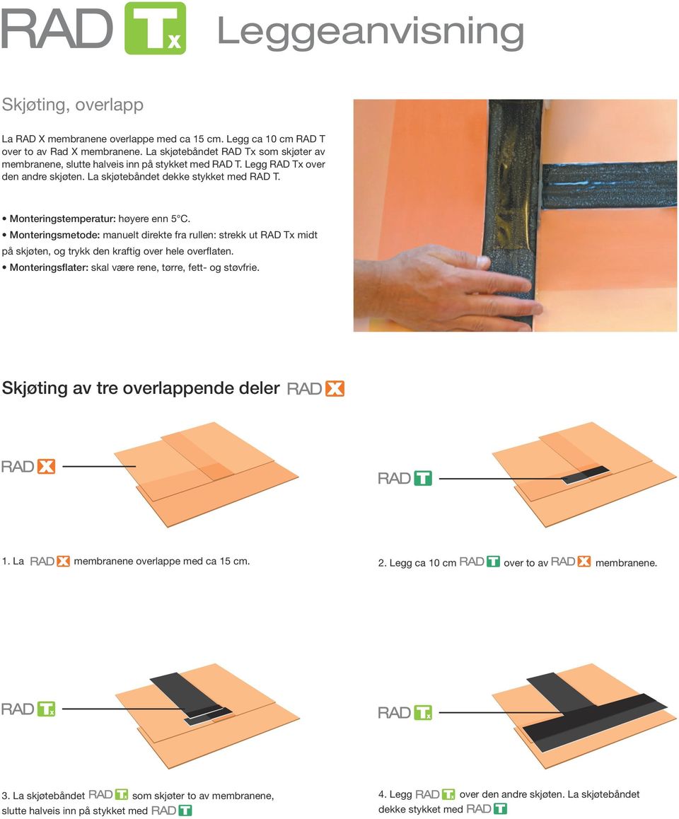 Monteringstemperatur: høyere enn 5 C. Monteringsmetode: manuelt direkte fra rullen: strekk ut RAD Tx midt på skjøten, og trykk den kraftig over hele overflaten.