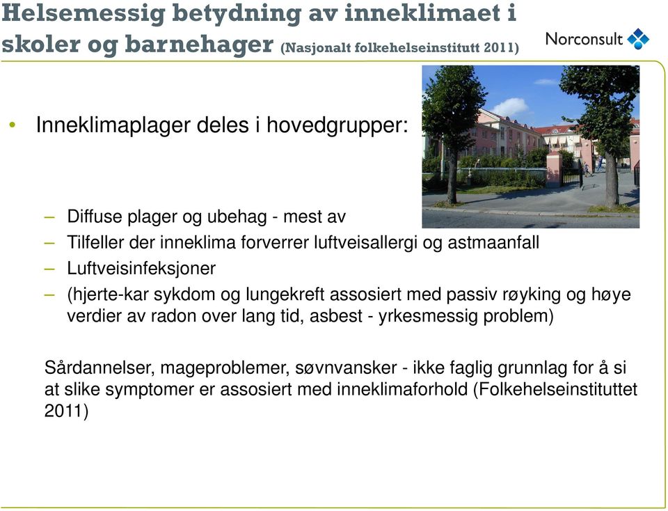 sykdom og lungekreft assosiert med passiv røyking og høye verdier av radon over lang tid, asbest - yrkesmessig problem) Sårdannelser,