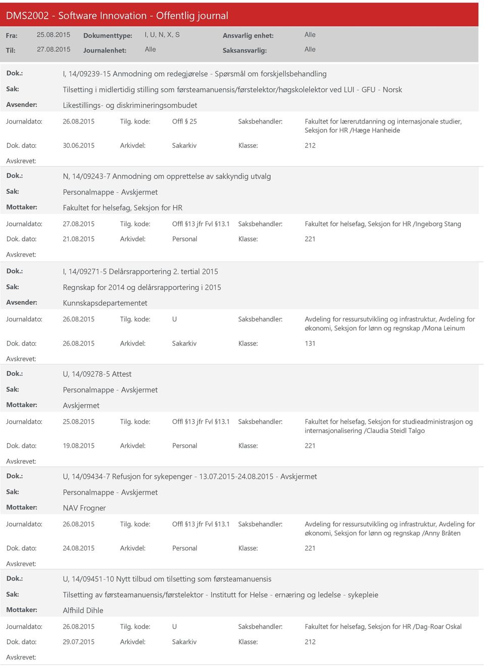 2015 N, 14/09243-7 Anmodning om opprettelse av sakkyndig utvalg Personalmappe - Fakultet for helsefag, Seksjon for HR Fakultet for helsefag, Seksjon for HR /Ingeborg Stang 21.08.