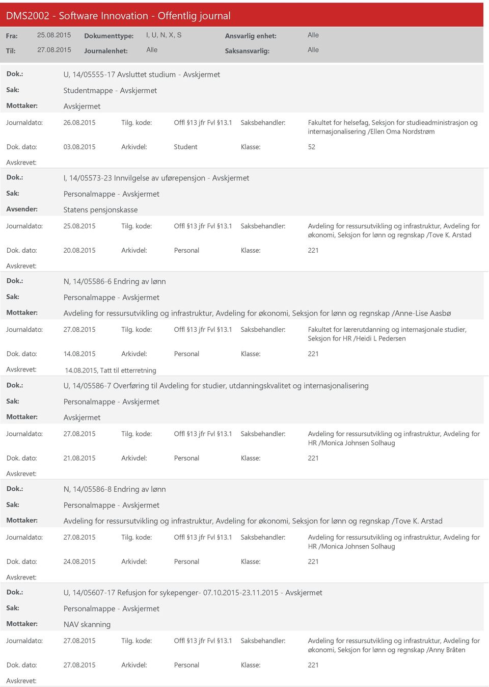 2015 Personal N, 14/05586-6 Endring av lønn Personalmappe - økonomi, Seksjon for lønn og regnskap /Anne-Lise Aasbø Seksjon for HR /Heidi L Pedersen 14.08.