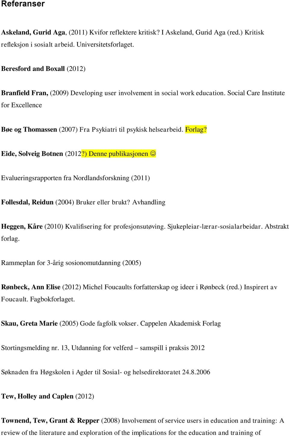 Social Care Institute for Excellence Bøe og Thomassen (2007) Fra Psykiatri til psykisk helsearbeid. Forlag? Eide, Solveig Botnen (2012?