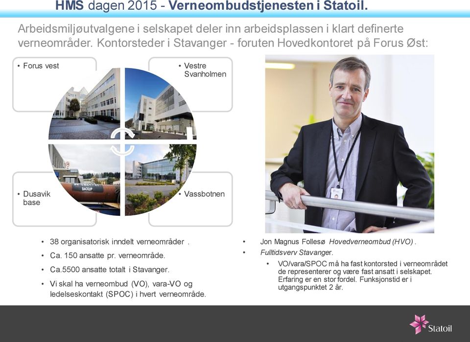 150 ansatte pr. verneområde. Ca.5500 ansatte totalt i Stavanger. Vi skal ha verneombud (VO), vara-vo og ledelseskontakt (SPOC) i hvert verneområde.