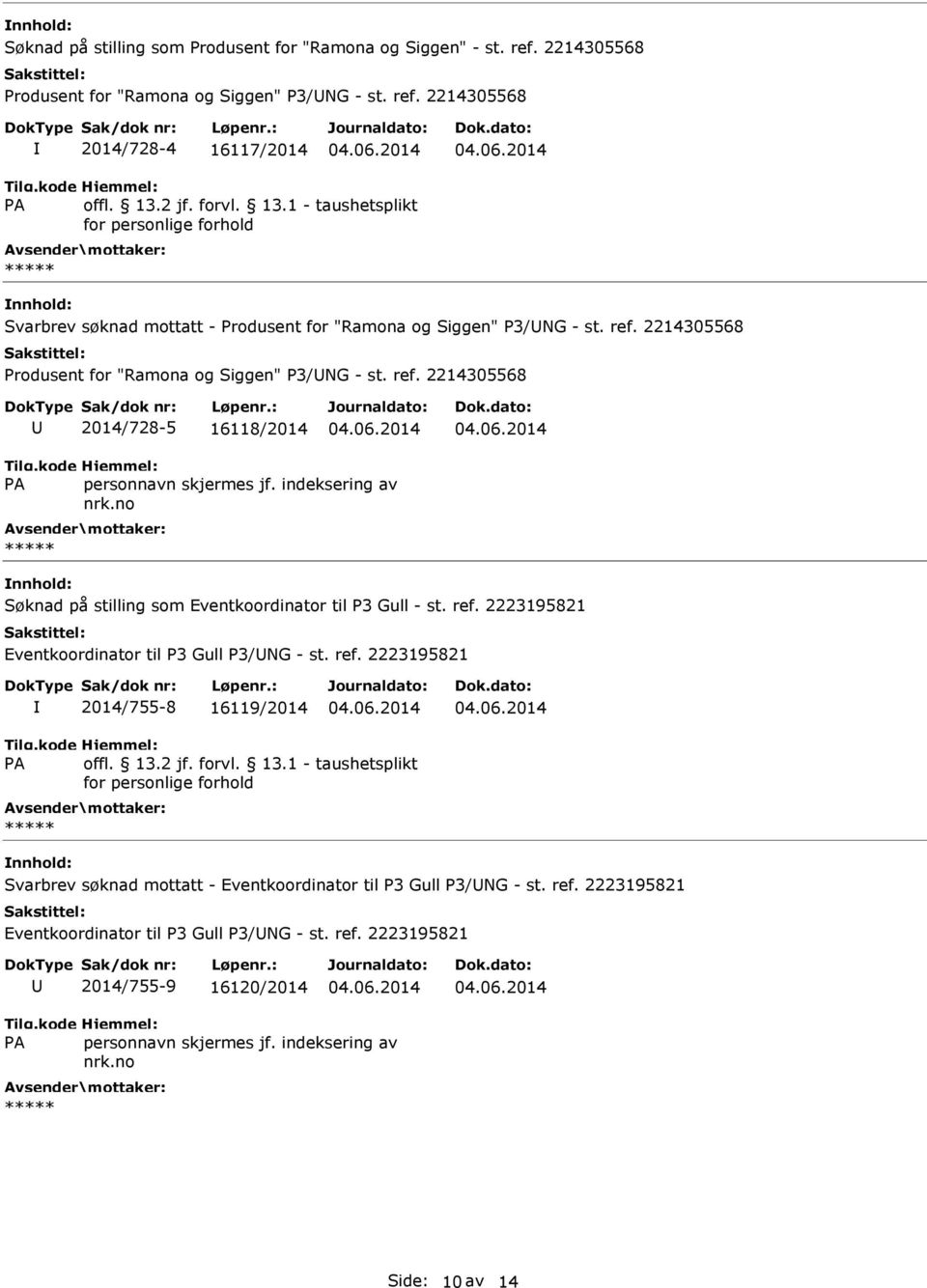 ref. 2214305568 Produsent for "Ramona og Siggen" P3/NG - st. ref. 2214305568 2014/728-5 16118/2014 Søknad på stilling som Eventkoordinator til P3 Gull - st. ref. 2223195821 Eventkoordinator til P3 Gull P3/NG - st.