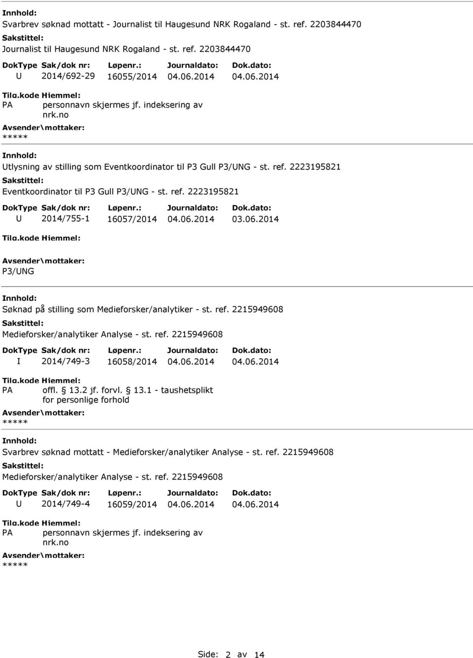 2014 P3/NG Søknad på stilling som Medieforsker/analytiker - st. ref.