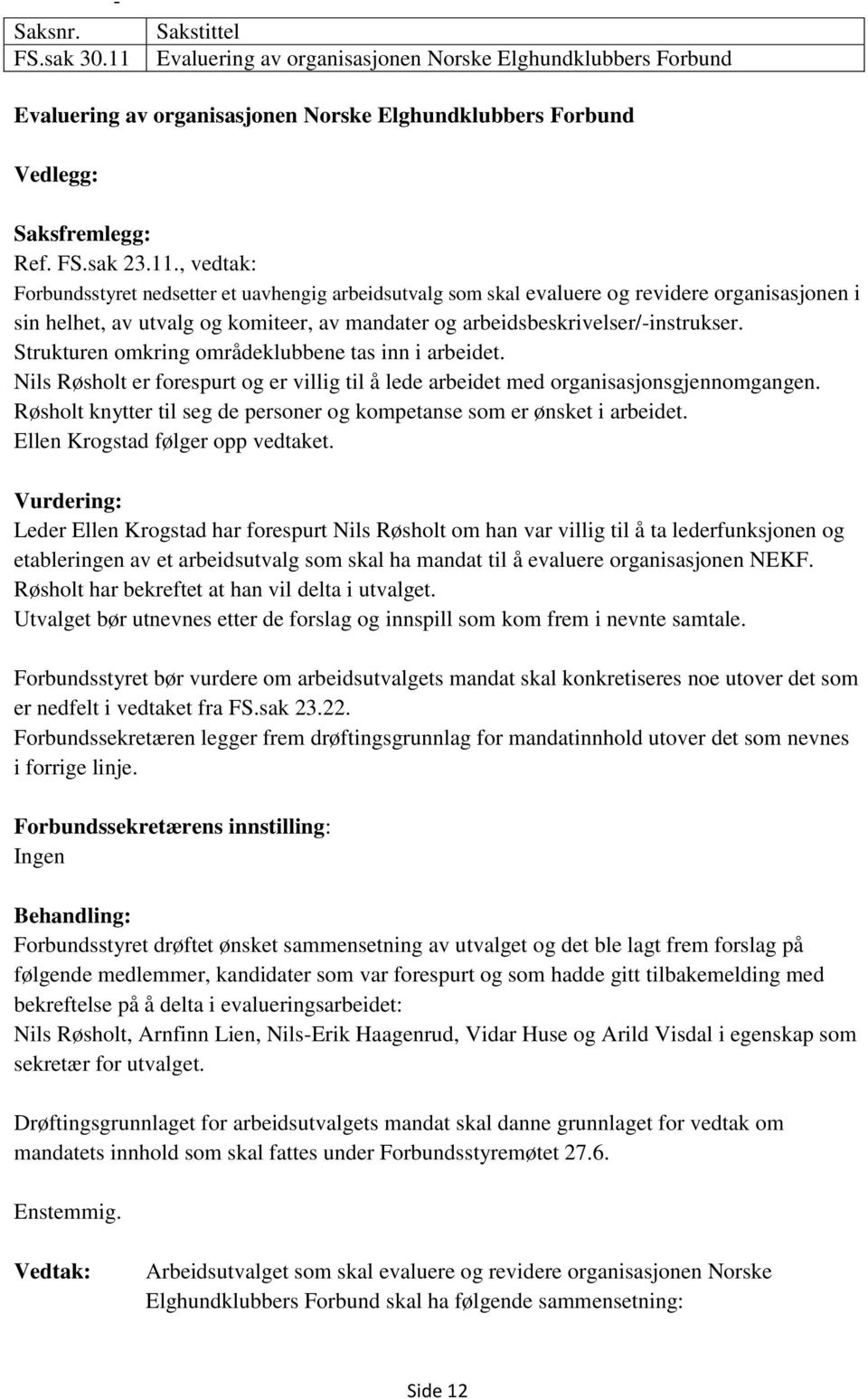 , vedtak: Forbundsstyret nedsetter et uavhengig arbeidsutvalg som skal evaluere og revidere organisasjonen i sin helhet, av utvalg og komiteer, av mandater og arbeidsbeskrivelser/-instrukser.