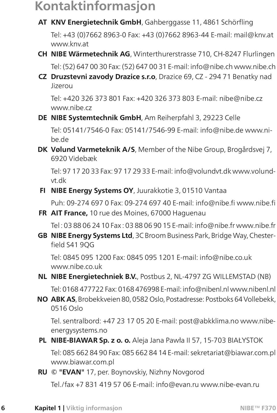 cz www.nibe.cz DE NIBE Systemtechnik GmbH, Am Reiherpfahl 3, 29223 Celle Tel: 05141/7546-0 Fax: 05141/7546-99 E-mail: info@nibe.de www.nibe.de DK Vølund Varmeteknik A/S, Member of the Nibe Group, Brogårdsvej 7, 6920 Videbæk Tel: 97 17 20 33 Fax: 97 17 29 33 E-mail: info@volundvt.