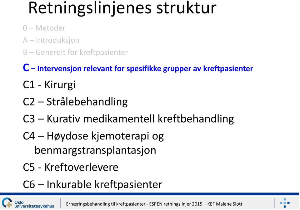 C1 - Kirurgi C2 Strålebehandling C3 Kurativ medikamentell kreftbehandling C4