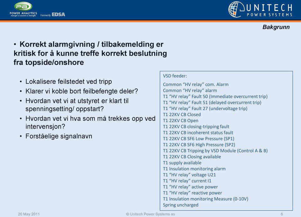 Alarm Common HV relay alarm T1 HV relay Fault 50 (Immediate overcurrent trip) T1 HV relay Fault 51 (delayed overcurrent trip) T1 HV relay Fault 27 (undervoltage trip) T1 22KV CB Closed T1 22KV CB