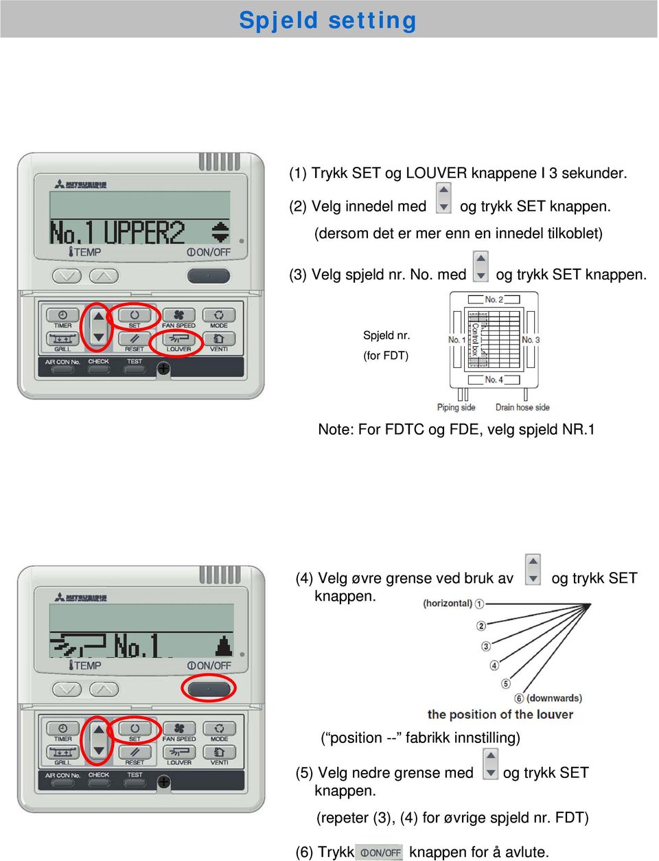 (for FDT) Note: For FDTC og FDE, velg spjeld NR.1 (4) Velg øvre grense ved bruk av og trykk SET knappen.