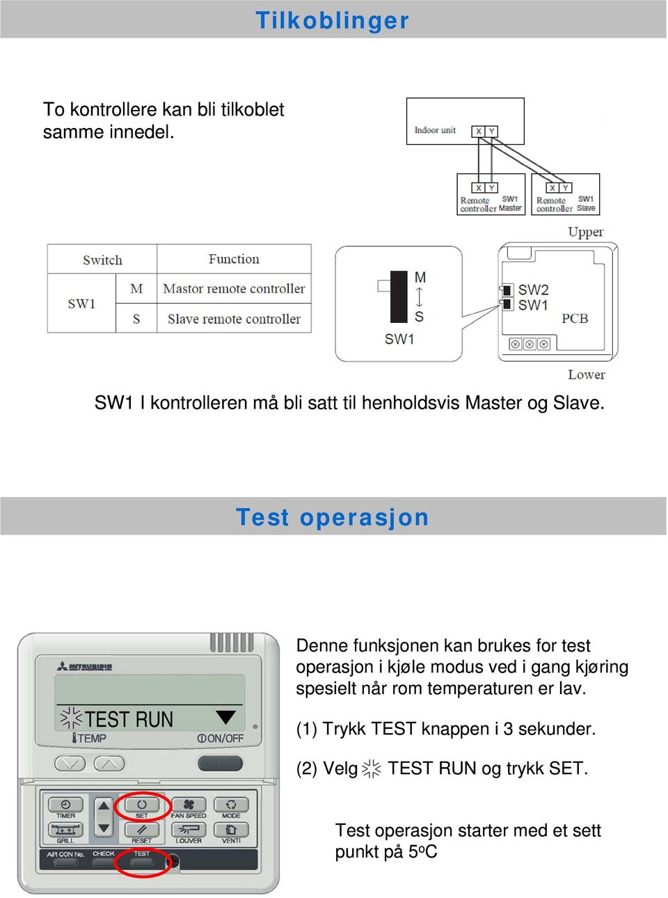 Test operasjon TEST RUN Denne funksjonen kan brukes for test operasjon i kjøle modus ved i gang