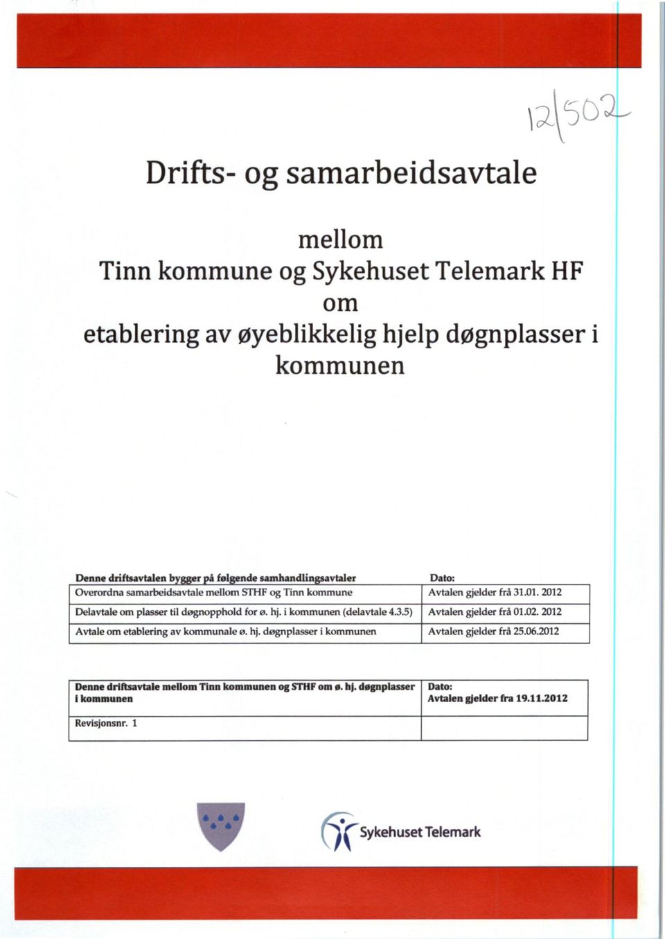 2012 Delavtale om plasser til døgnopphold for ø. hj. i kommunen (delavtale 4.3.5) Avtalen gjelder frå 01.02.2012 Avtale om etablering av kommunale ø. hj. døgnplasser i kommunen Avtalen gjelder frå 25.