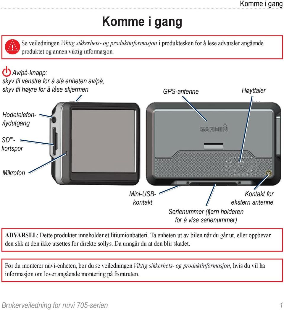 antenne Serienummer (fjern holderen for å vise serienummer) Advarsel: Dette produktet inneholder et litiumionbatteri.