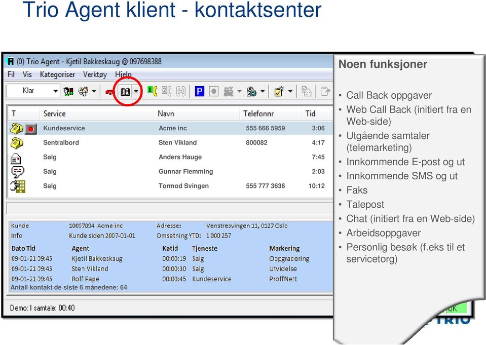 Web Call Back (initiert fra en Web-side) Utgående samtaler (telemarketing) Innkommende E-post og ut Innkommende SMS og ut Faks