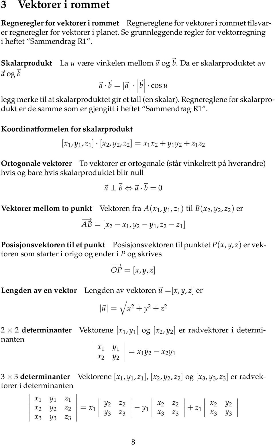 Regnereglene for skalarprodukt er de samme som er gjengitt i heftet Sammendrag R1.