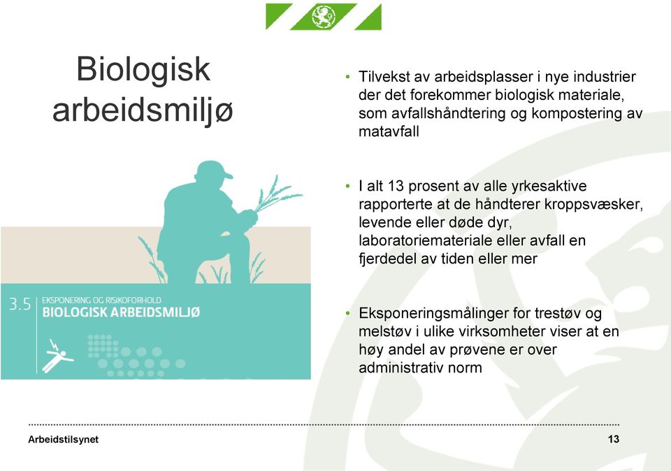 kroppsvæsker, levende eller døde dyr, laboratoriemateriale eller avfall en fjerdedel av tiden eller mer