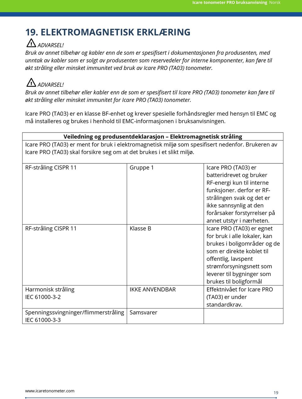 Bruk av annet tilbehør eller kabler enn de som er spesifisert til Icare PRO (TA03) tonometer kan føre til økt stråling eller minsket immunitet for Icare PRO (TA03) tonometer.