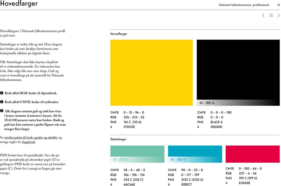 Gult og svart er hovedfarge på alt materiell fra Telemark fylkeskommune. Bruk alltid RGB-koder til skjermbruk. Bruk alltid CMYK-koder til trykksaker.