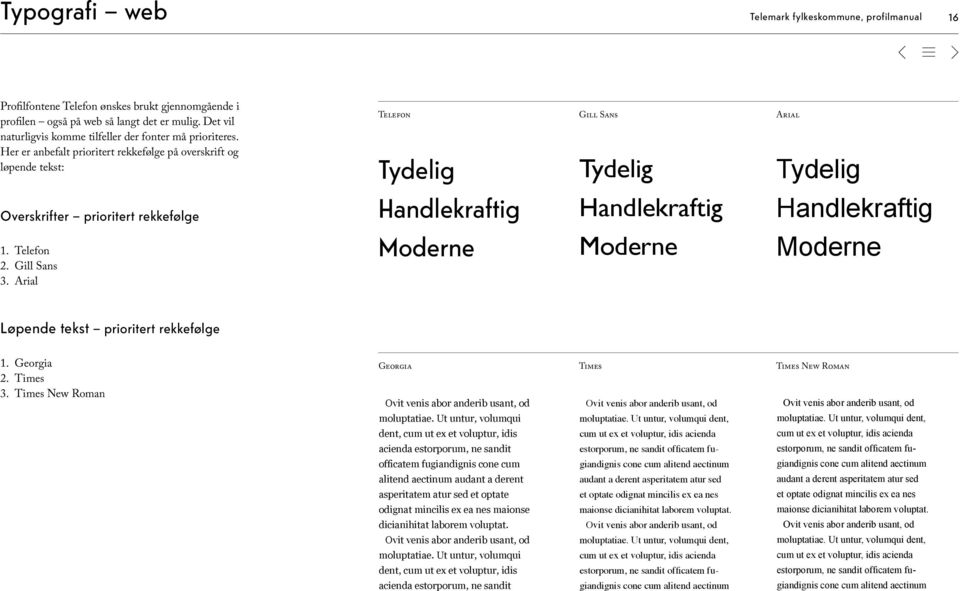 Her er anbefalt prioritert rekkefølge på overskrift og løpende tekst: Telefon Tydelig Gill Sans Tydelig Arial Tydelig Overskrifter prioritert rekkefølge Handlekraftig Handlekraftig Handlekraftig 1.
