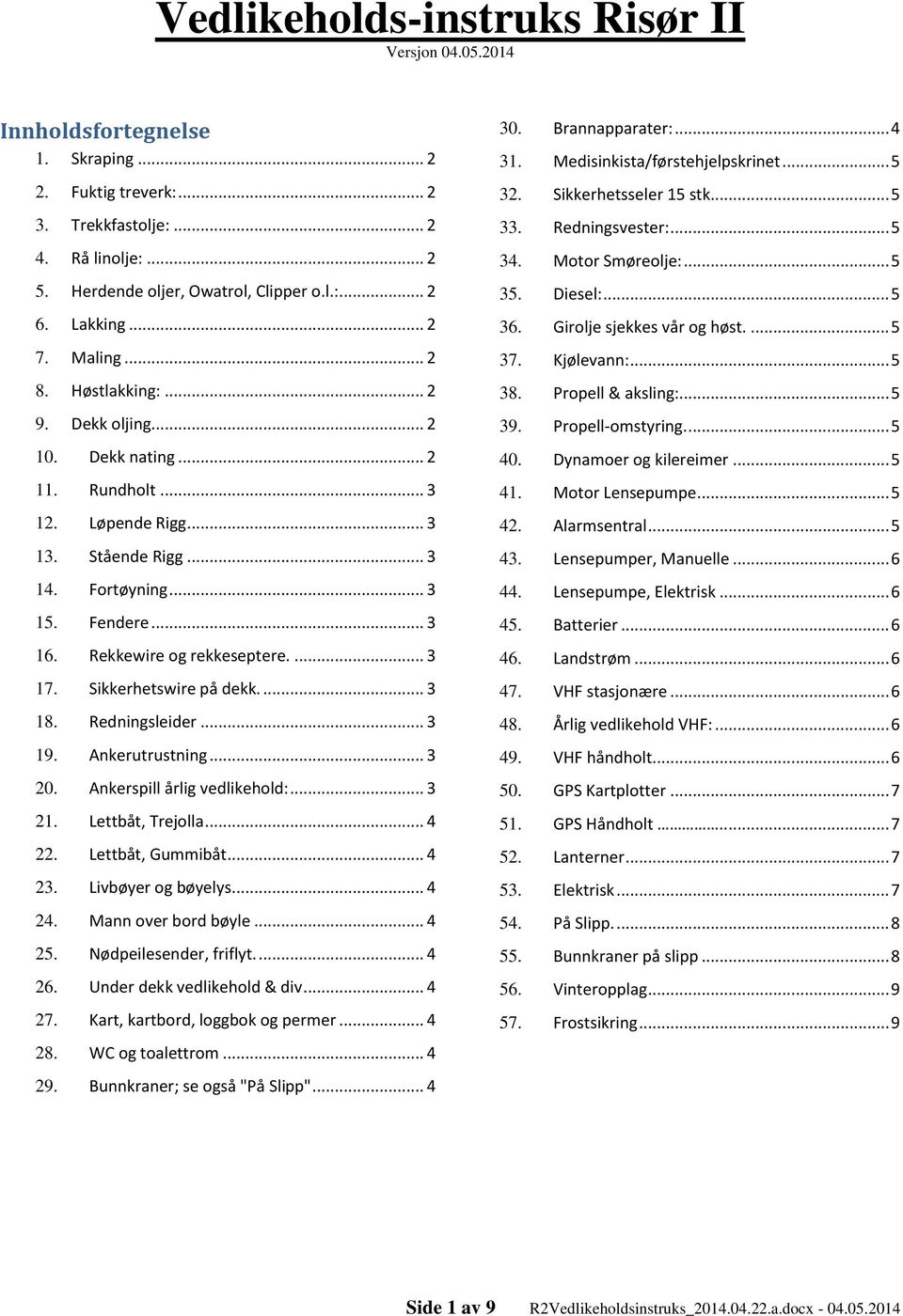 ... 3 17. Sikkerhetswire på dekk.... 3 18. Redningsleider... 3 19. Ankerutrustning... 3 20. Ankerspill årlig vedlikehold:... 3 21. Lettbåt, Trejolla... 4 22. Lettbåt, Gummibåt... 4 23.