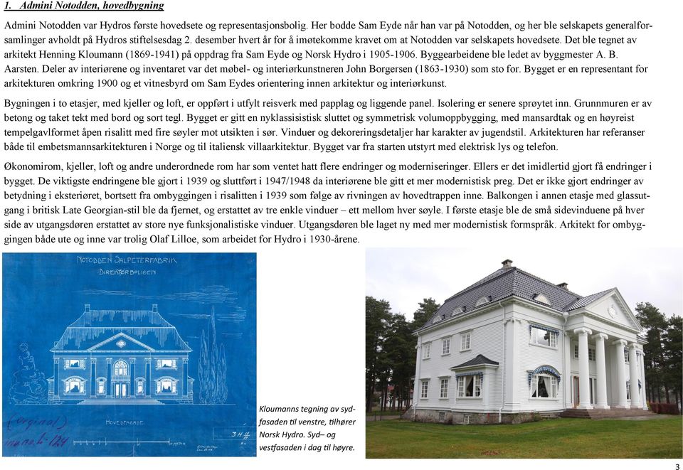 desember hvert år for å imøtekomme kravet om at Notodden var selskapets hovedsete. Det ble tegnet av arkitekt Henning Kloumann (1869-1941) på oppdrag fra Sam Eyde og Norsk Hydro i 1905-1906.