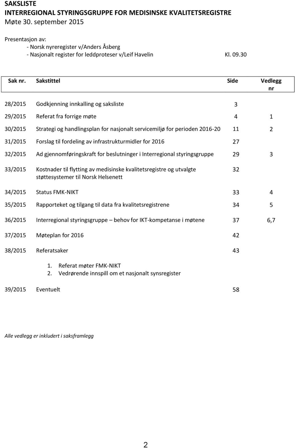 Sakstittel Side Vedlegg nr 28/2015 Godkjenning innkalling og saksliste 3 29/2015 Referat fra forrige møte 4 1 30/2015 Strategi og handlingsplan for nasjonalt servicemiljø for perioden 2016-20 11 2