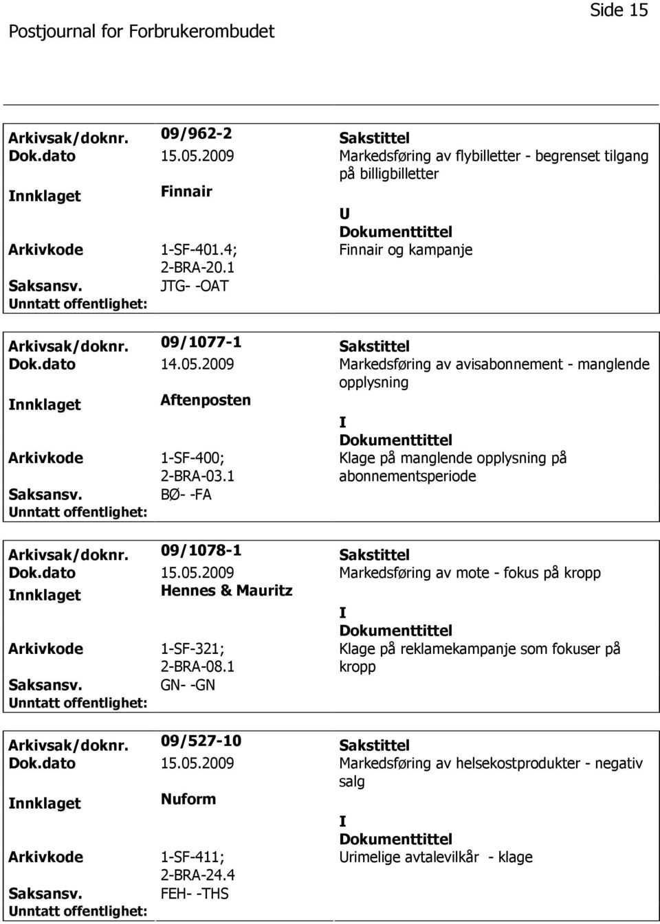 1 BØ- -FA Klage på manglende opplysning på abonnementsperiode Arkivsak/doknr. 09/1078-1 Sakstittel Dok.dato 15.05.