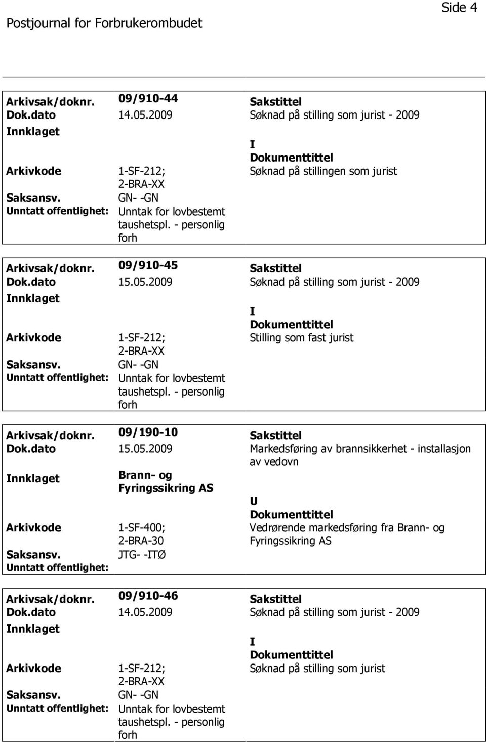 2009 Søknad på stilling som jurist - 2009 nnklaget 1-SF-212; GN- -GN nntak for lovbestemt taushetspl. - personlig forh Stilling som fast jurist Arkivsak/doknr. 09/190-10 Sakstittel Dok.dato 15.05.