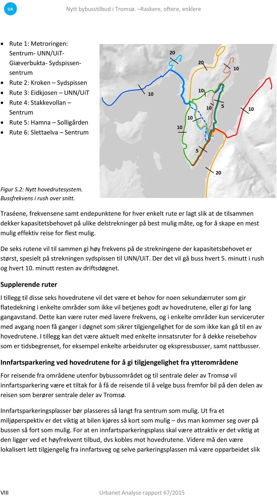 Solligården Rute 6: Slettaelva Sentrum Figur S.2: Nytt hovedrutesystem. Bussfrekvens i rush over snitt.