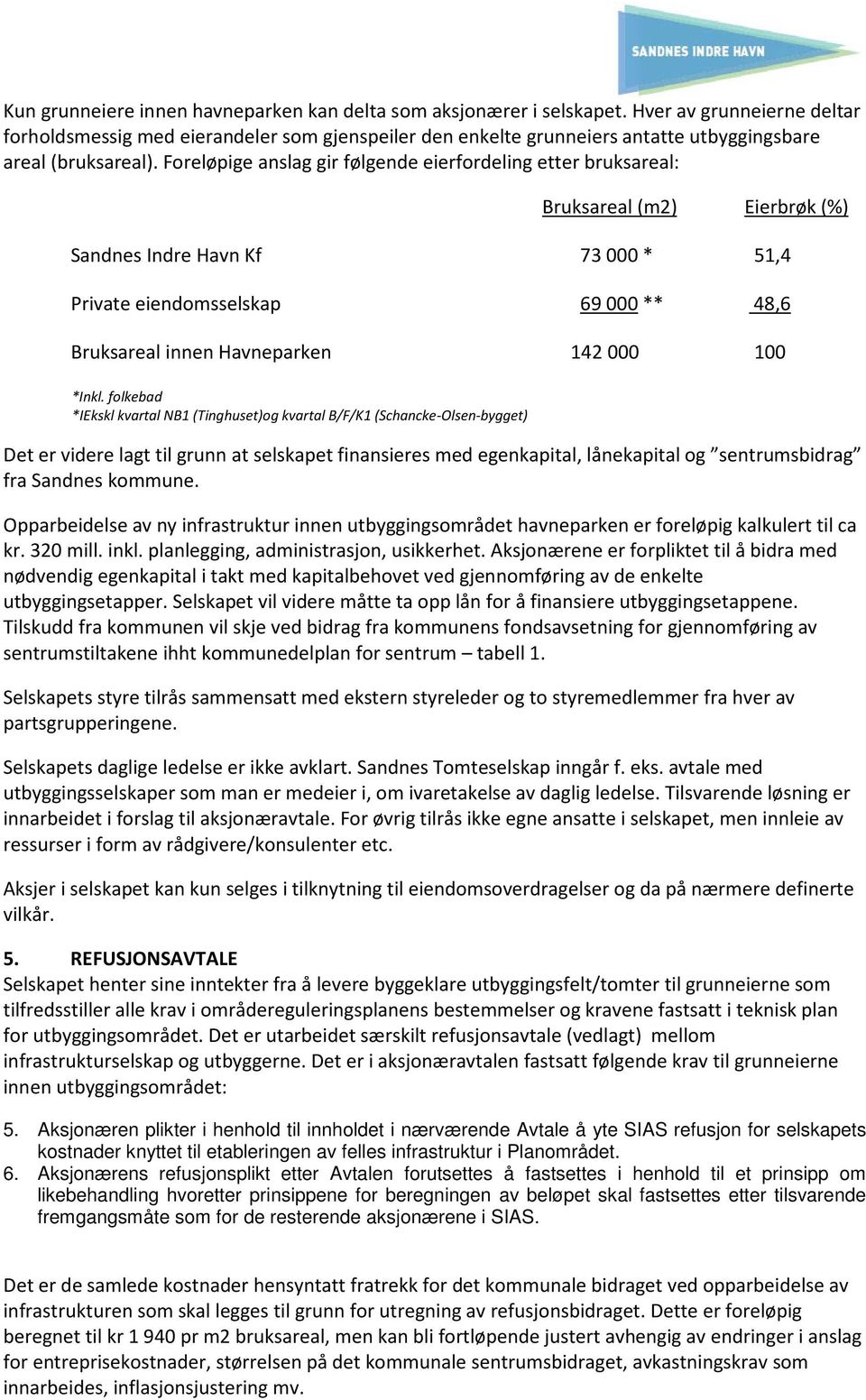 Foreløpige anslag gir følgende eierfordeling etter bruksareal: Bruksareal (m2) Eierbrøk (%) Sandnes Indre Havn Kf 73 000 * 51,4 Private eiendomsselskap 69 000 ** 48,6 Bruksareal innen Havneparken 142