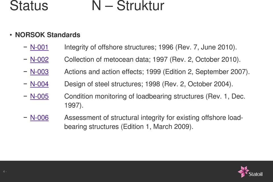 N-003 Actions and action effects; 1999 (Edition 2, September 2007). N-004 Design of steel structures; 1998 (Rev.