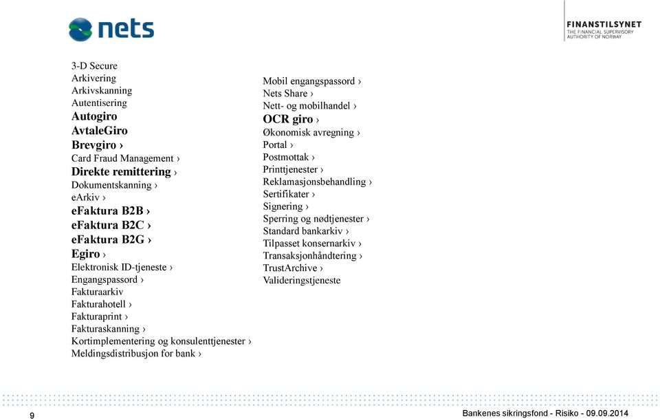 konsulenttjenester Meldingsdistribusjon for bank Mobil engangspassord Nets Share Nett- og mobilhandel OCR giro Økonomisk avregning Portal Postmottak