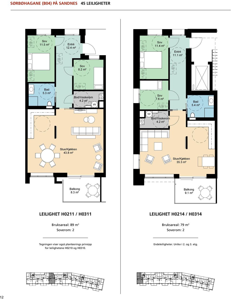 3 m² Tegningen viser også planløsnings prinsipp for leilighetene H0210 og H0310. Endeleiligheter. Unike i 2. og 3. etg. il. H 0210 & H 0310:.etg; pstilling; 12 AREALER -leil.