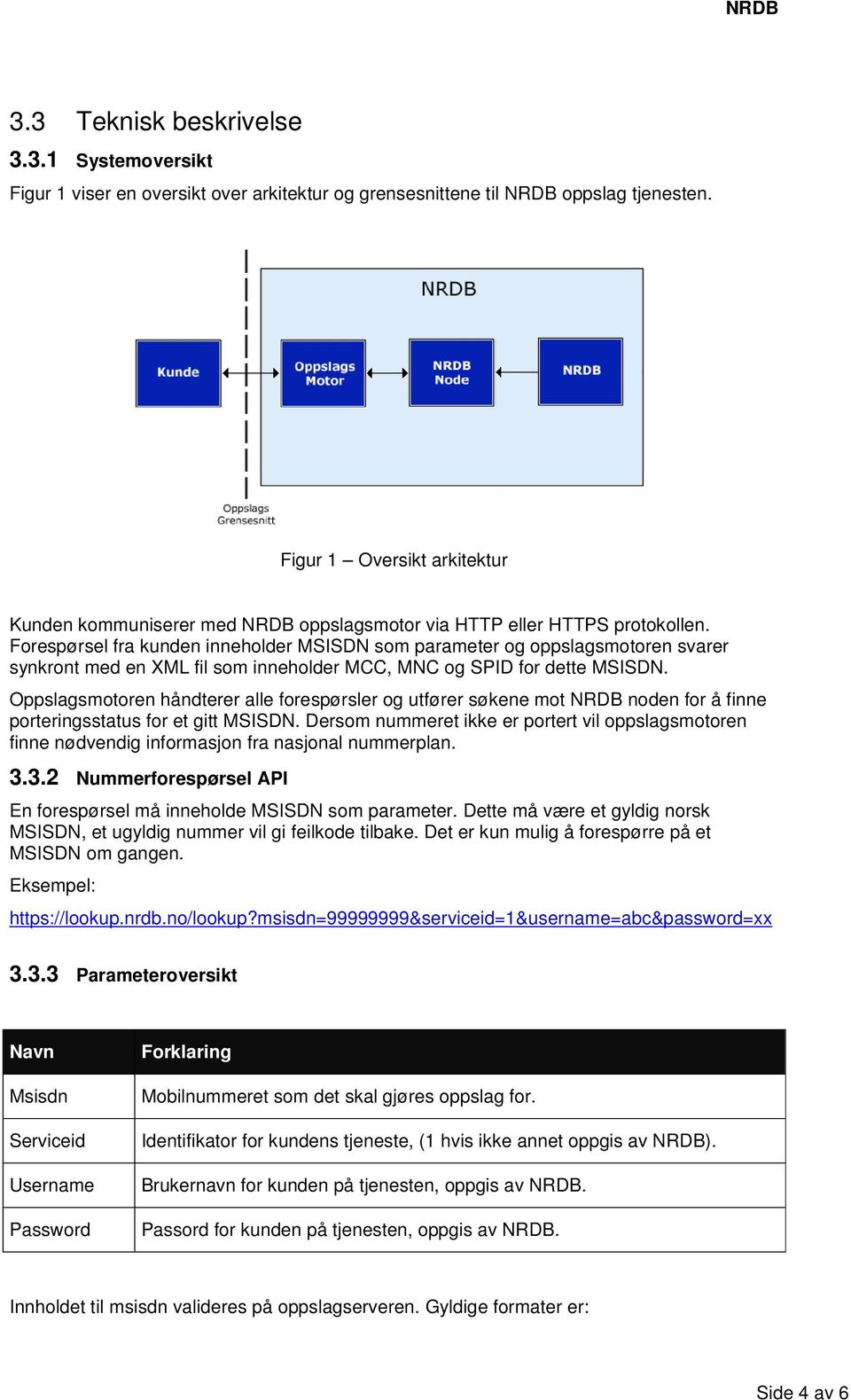 Forespørsel fra kunden inneholder MSISDN som parameter og oppslagsmotoren svarer synkront med en XML fil som inneholder MCC, MNC og SPID for dette MSISDN.