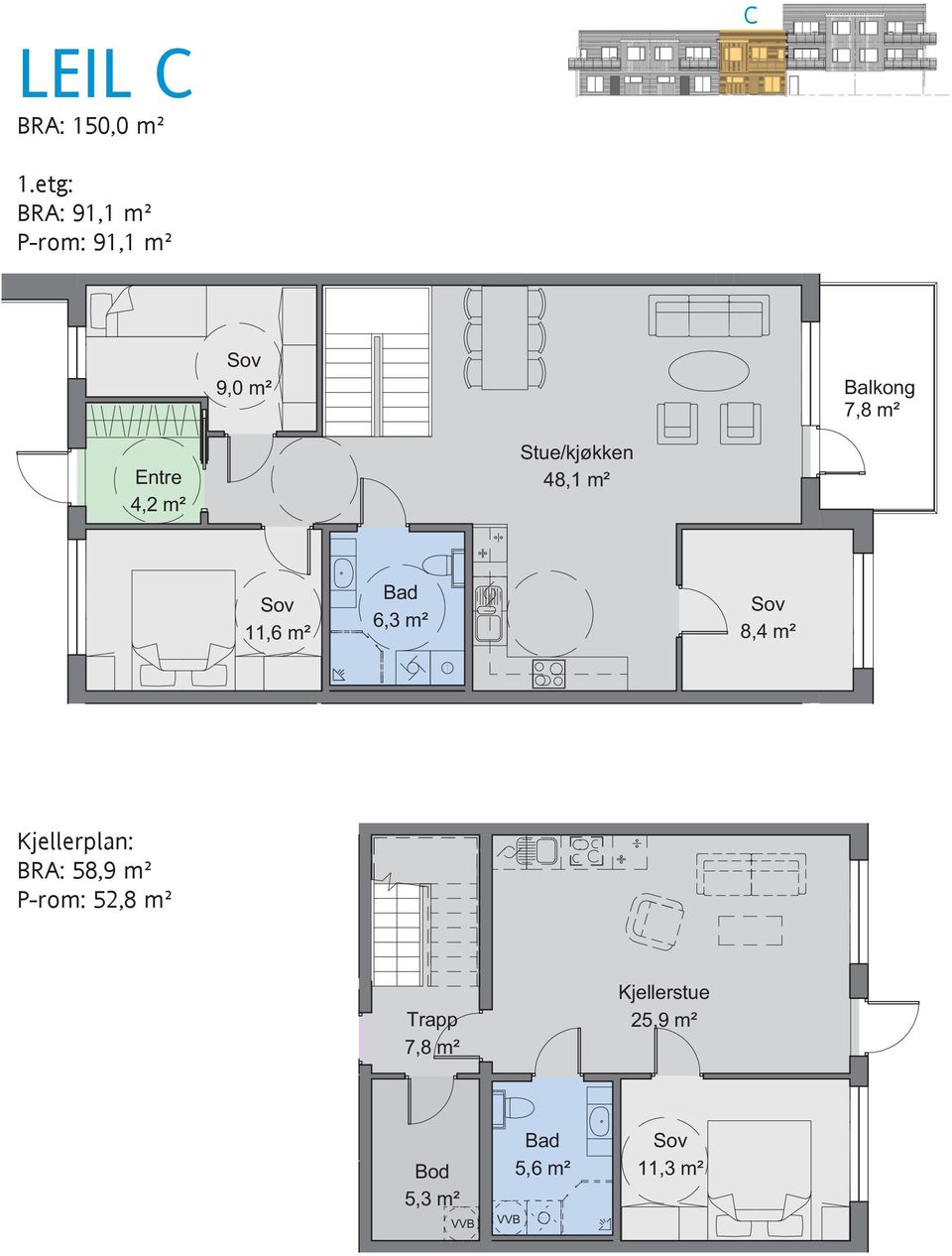 4,2 m² Stue/kjøkken 48,1 m² 11,6 m² Bad 6,3 m² 8,4 m² T