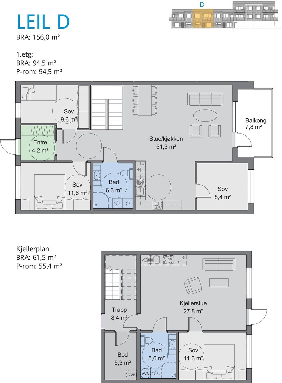 4,2 m² Stue/kjøkken 51,3 m² 11,6 m² Bad 6,3 m² T 8,4 m²