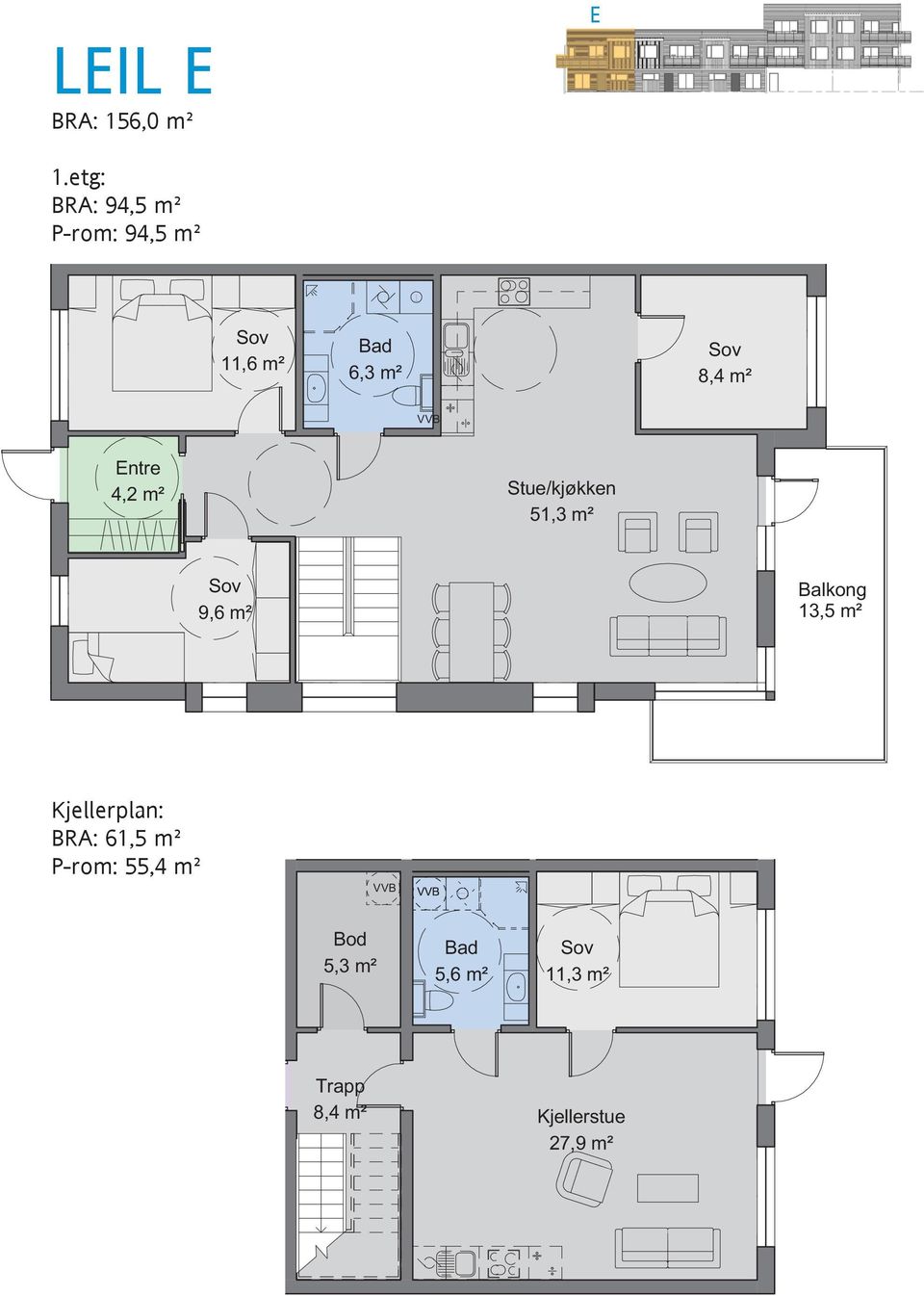 Entre 4,2 m² Stue/kjøkken 51,3 m² 9,6 m² Balkong 13,5 m²