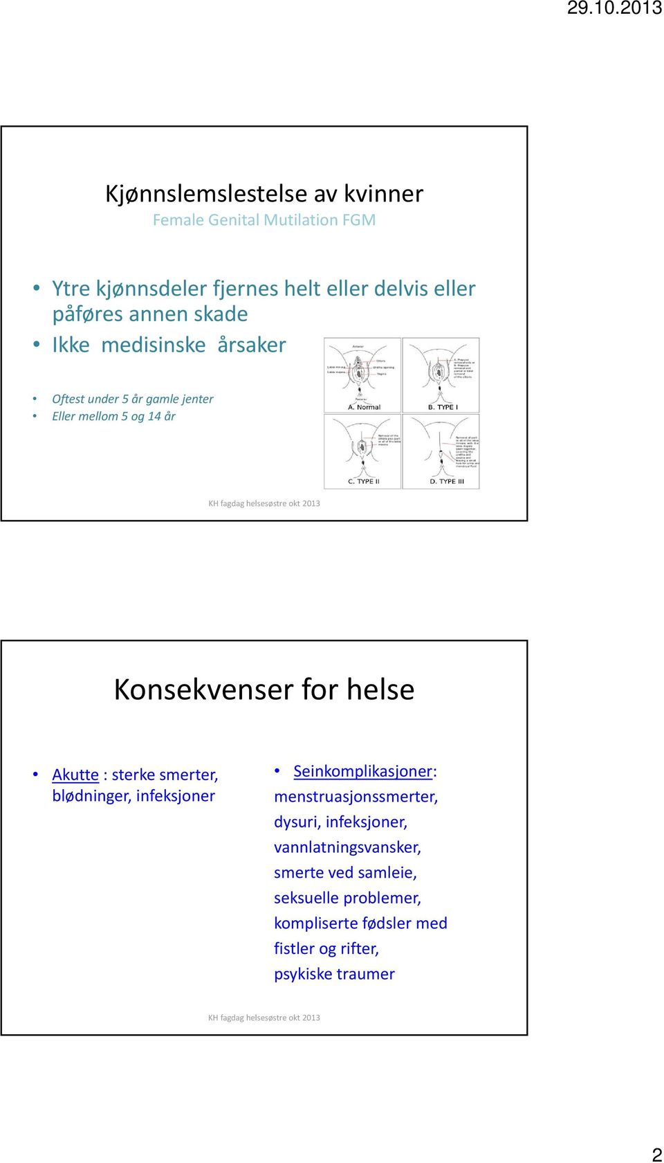 Akutte : sterke smerter, blødninger, infeksjoner Seinkomplikasjoner: menstruasjonssmerter, dysuri, infeksjoner,