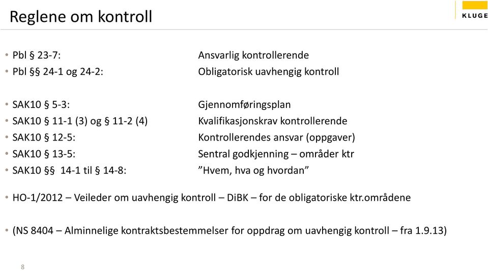 Kontrollerendes ansvar (oppgaver) Sentral godkjenning områder ktr Hvem, hva og hvordan HO-1/2012 Veileder om uavhengig